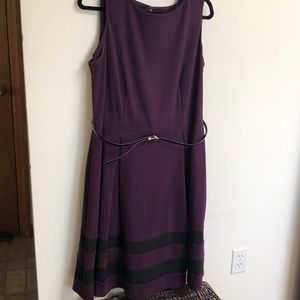 Calvin Klein Striped Hem Belted Dress in Plum